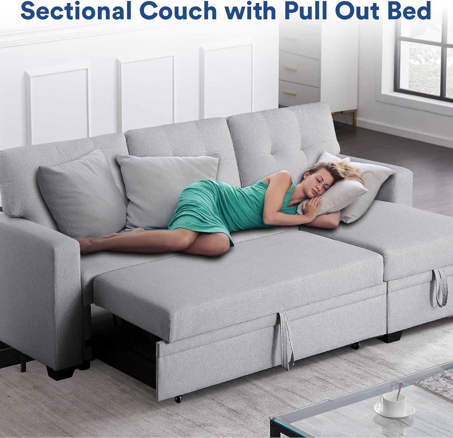4-in-1 Convertible L Shaped Couch with Pull Out Bed and Storage Sectional Sleeper Sofa with Reversible Chaise for Living Room, Apartment, Bedroom, Office, Light Gray