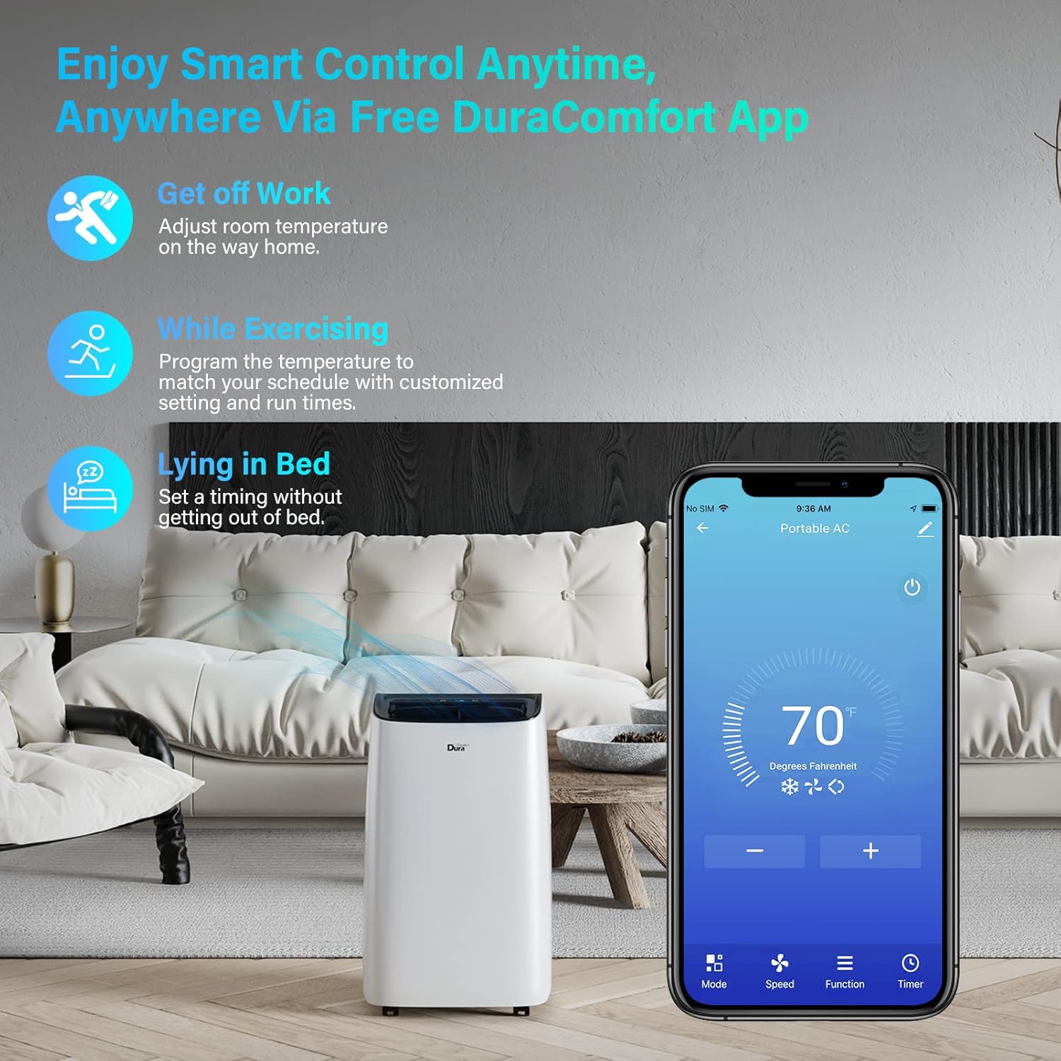 Alexa Voice-Enabled DuraComfort Smart Portable Air Conditioners, 12000 BTU(Ashrae) /8150 BTU (SACC) Quiet AC Unit, Built-in Dehumidifier and Fan Modes, Mobile App, Cools up to 450 Sq. Ft, White