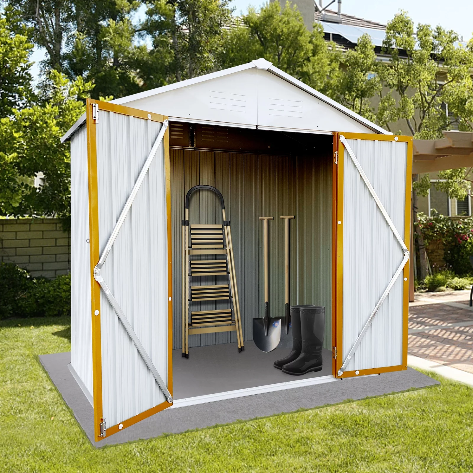 6 x 4 ft Sheds and Outdoor Storage, Metal Storage Shed with Sliding Roof and Lockable Door for Garden Tools, Bike and Garbage Can, Waterproof Outdoor Storage Cabinet, White