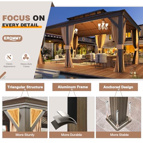 EROMMY 14'x20' Hardtop Gazebo Double Roof Galvanized Steel Canopy Outdoor Aluminum Frame Permanent Metal Pavilion with Netting and Curtains for Patio Backyard Deck and Lawns