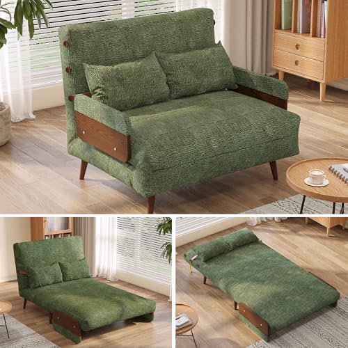 3-in-1 Convertible Chair Bed Sleeper for Adults, Linen Convertable Sleeper Chair with Wooden Arms & Pillows, Foldable Single Futon Sofa Bed (Mid Century with Walnut Arm, 36.6" Wide)