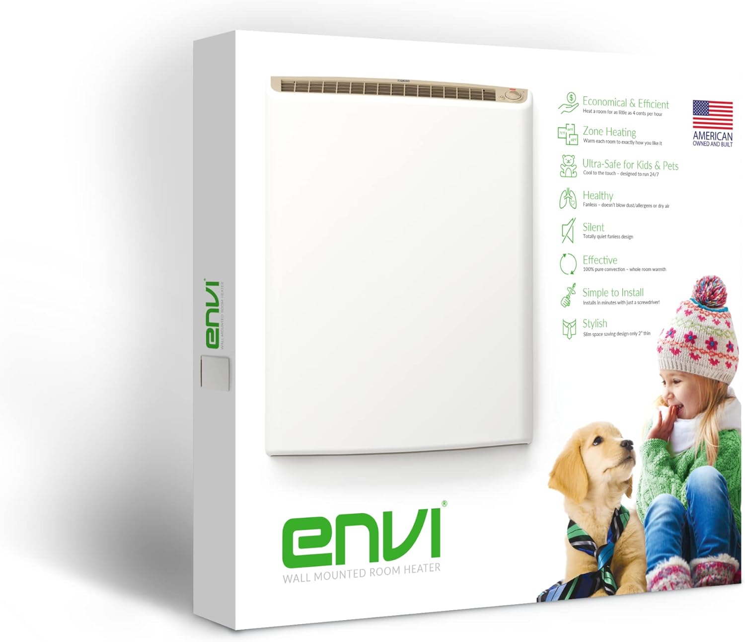 Envi Plug-in Electric Panel Wall Heater for Home, Energy Efficient, Child Safe, Quiet, Great for Bedrooms, Bathrooms, Office, Kitchen, Garage, Tip-Over Protection, Comfort-Level Adjustable Thermostat