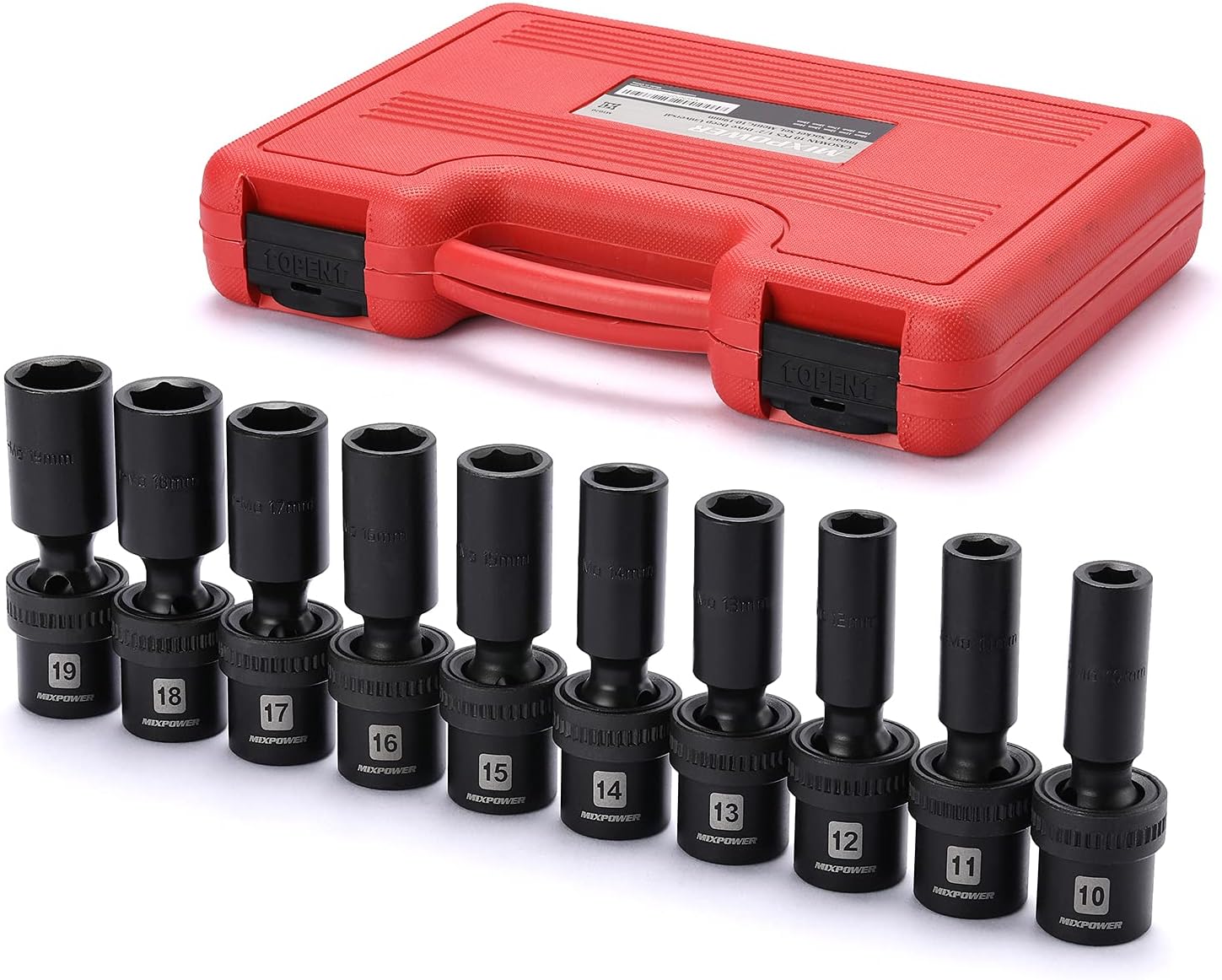 MIXPOWER 10-piece 3/8" Drive Shallow Universal Impact Socket Set, Metric,10-19mm, Swivel Socket with Flexible Wobble, CR-MO