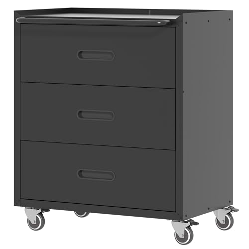 Metal Storage Cabinet with Wheels, Lockable Garage Cabinet with Doors and Shelves, Rolling Tool Storage, Assembly Required, Black