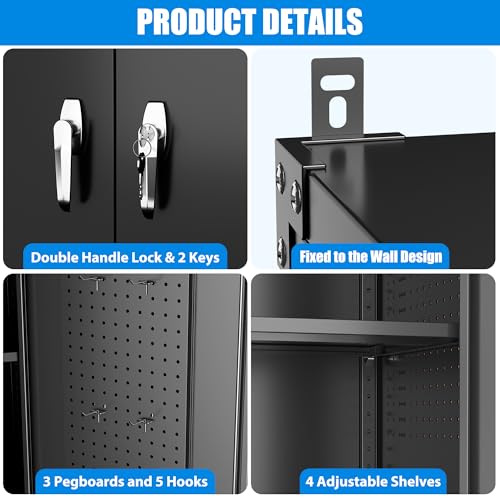 Aobabo Garage Storage Cabinet with Wheels,72" H Metal Storage Cabinet with 2 Doors and 4 Adjustable Shelves for Garage Home, Black,Required-Assembly