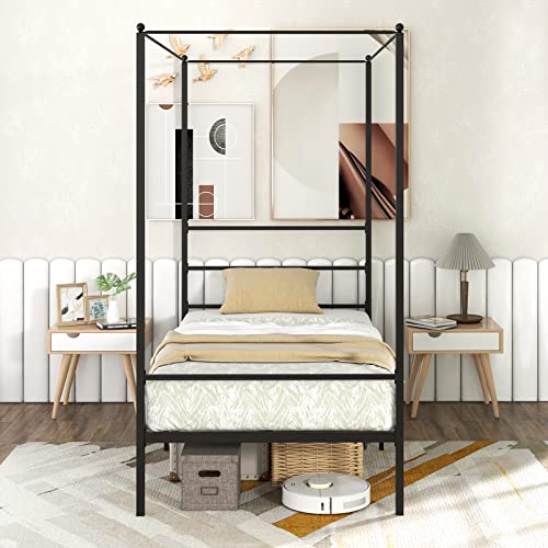 GORELAX Metal Canopy Queen Bed Frame, Platform Bed Frame with Metal Slats Support, Four-Poster Canopied Bed Mattress Foundation, No Box Spring Needed, Easy Assembly (Queen)