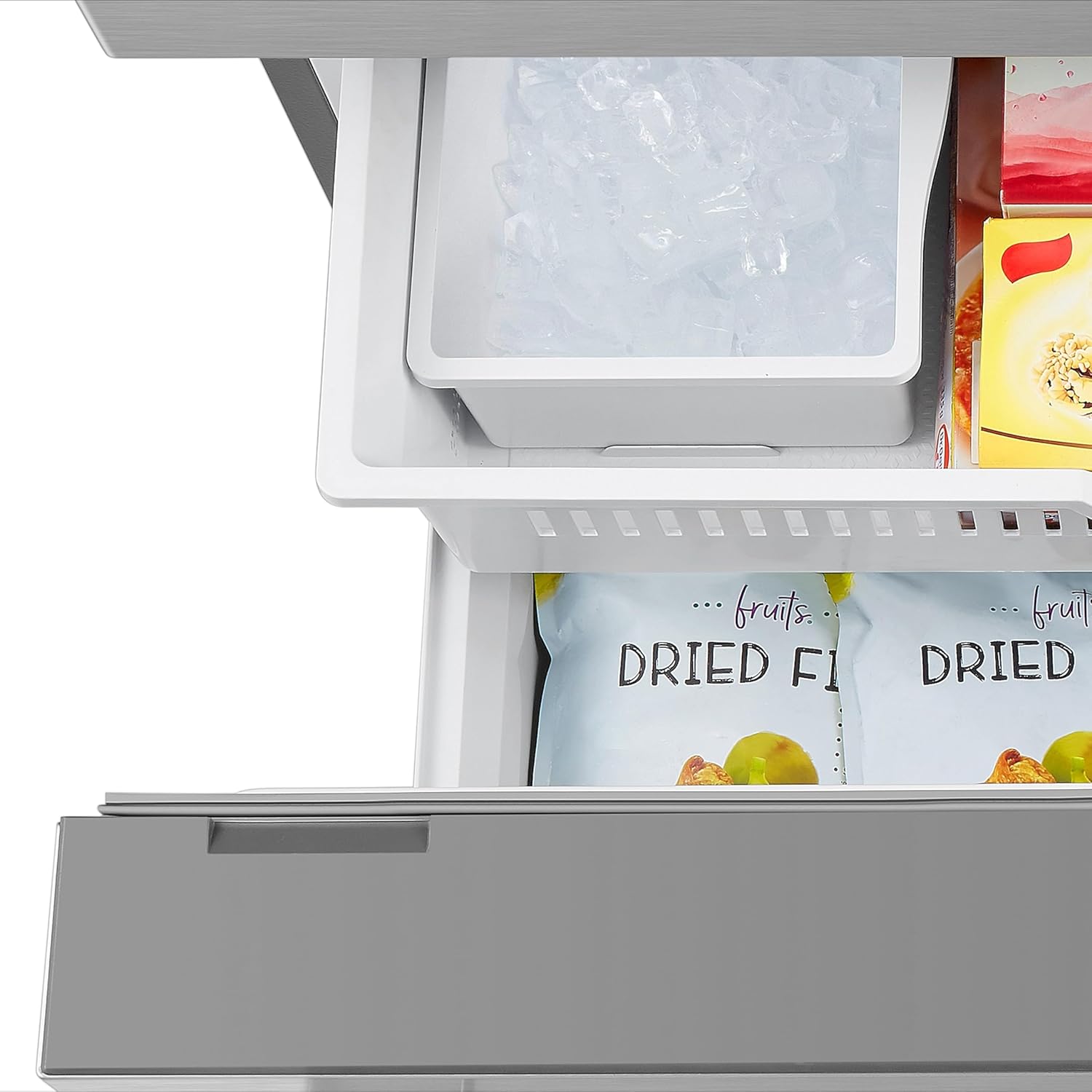 DE210FDBMDSS Refrigerator Built in with French Doors Adjustable Glass Shelves Dual Drawer Bottom Freezer with Ice Maker, LED Interior Light and Stainless Steel Exterior, 36-Inch, Metallic