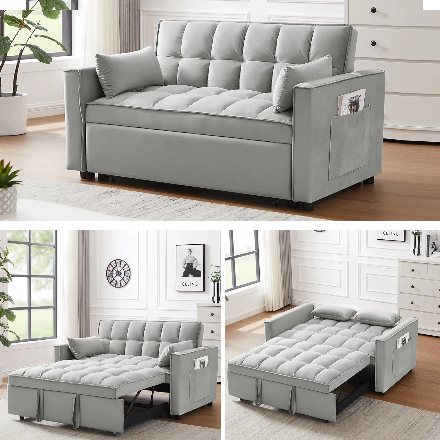 Modern Velvet Convertible Loveseat Futon Sofa with Pullout Bed, Reclining Backrest, Toss Pillows, and Side Pockets, 3-in-1 Sleeper Sofa for Living Room, Gray - Curated Treasures Market