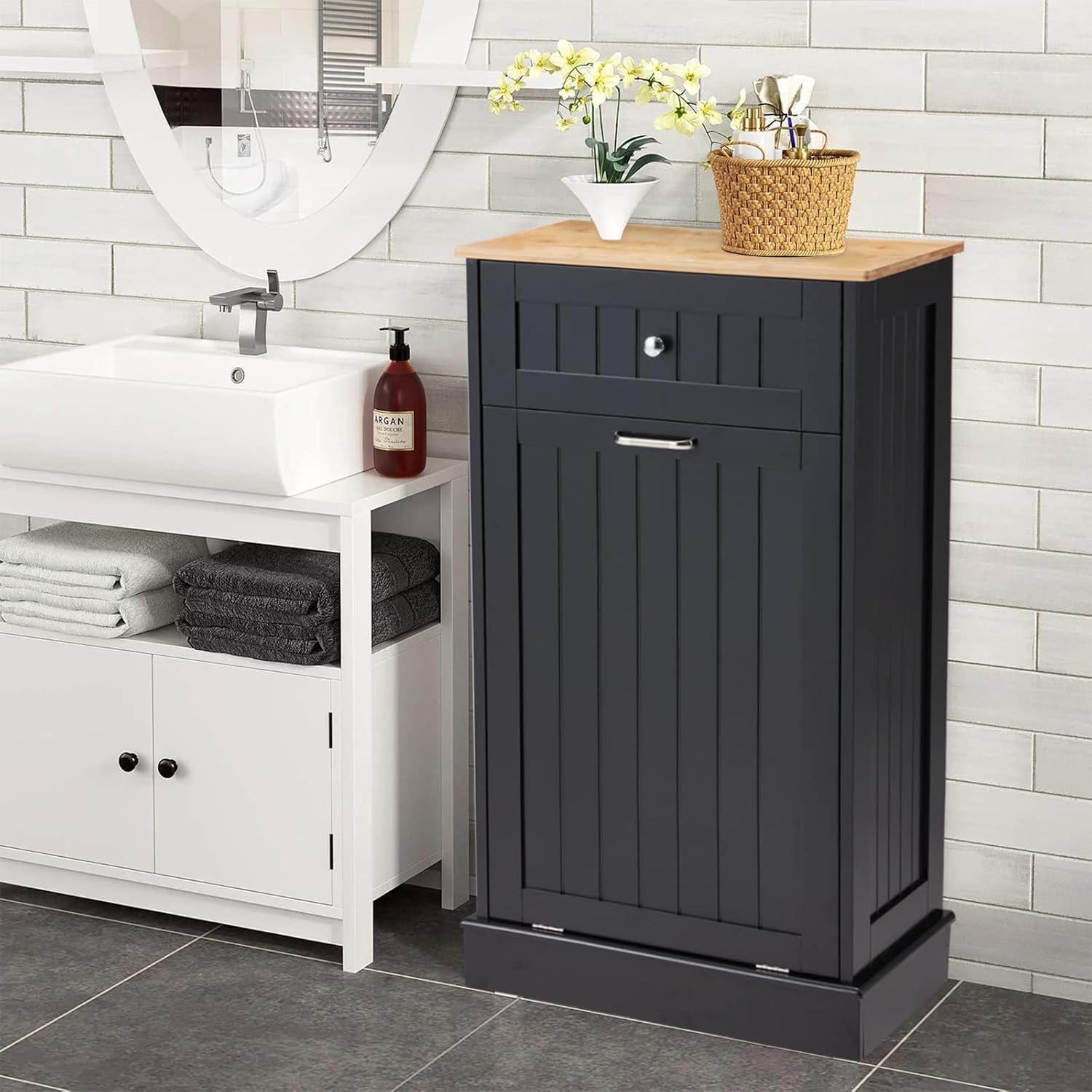 Tilt Out Trash Can Cabinet 10 Gallon, Kitchen Freestanding Wood Recycling Trash Cabinet with Drawer & Cutting Board, Pet Proof Hidden Garbage Bin Holder for Home Laundry Bathroom, Black