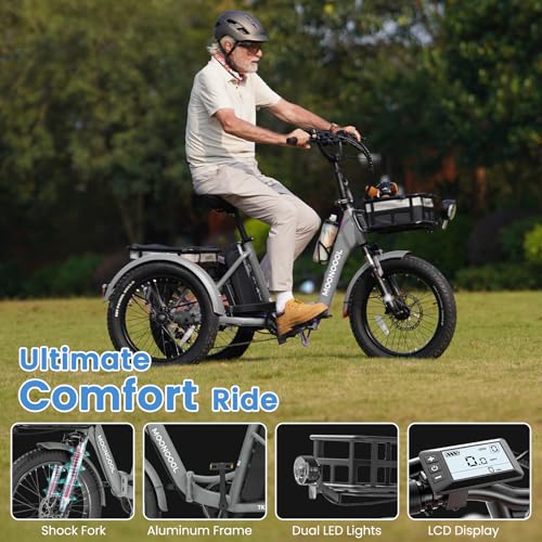 MOONCOOL Electric Trike, Electric Tricycle for Adults, 20" Folding 3 Wheels Electric Bicycle Bikes, 48V 500W/750W Motorized Electric Ebike with Aluminum Frame, Removable Battery and Basket