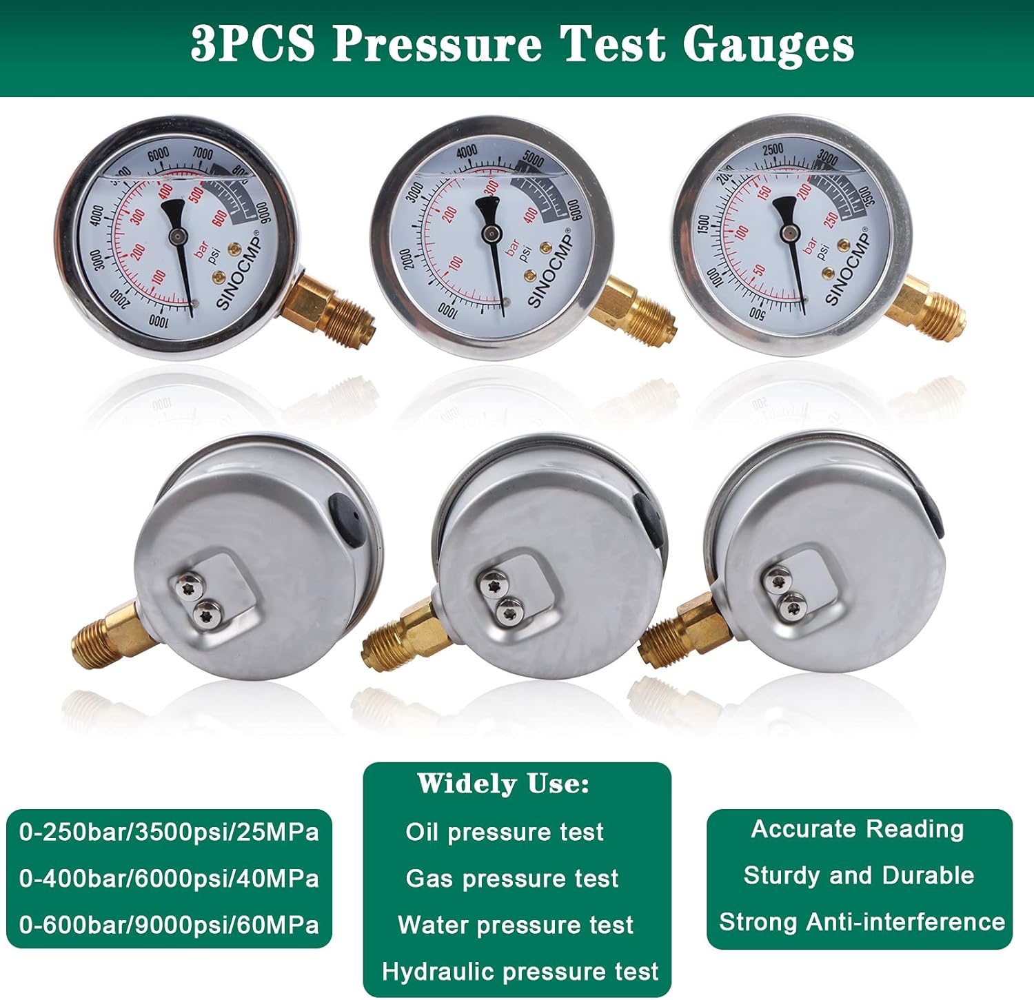 Upgraded Version Hydraulic Pressure Gauge Kit - SINOCMP Excavator Hydraulic Kit Stainless Steel Pressure Gauge Test Gauge Kit for Excavators, 2 Years Warranty