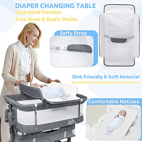 3 in 1 Baby Bassinet, Upgraded Beside Crib with 360° Highly Visible Mesh wall, Comfy Co-sleeper Bassinet with mattress, 5 Level Adjustable Height, Foldable & Portable BabyTravel Crib for Newborn, Grey