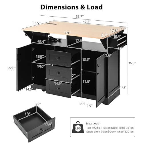 Large Kitchen Island Cart with 2 Drop Leaf, Mobile Dining Table with Storage Cabinet, Rolling Kitchen Cart with Power Outlets, 3 Drawers, Spice & Towel Rack