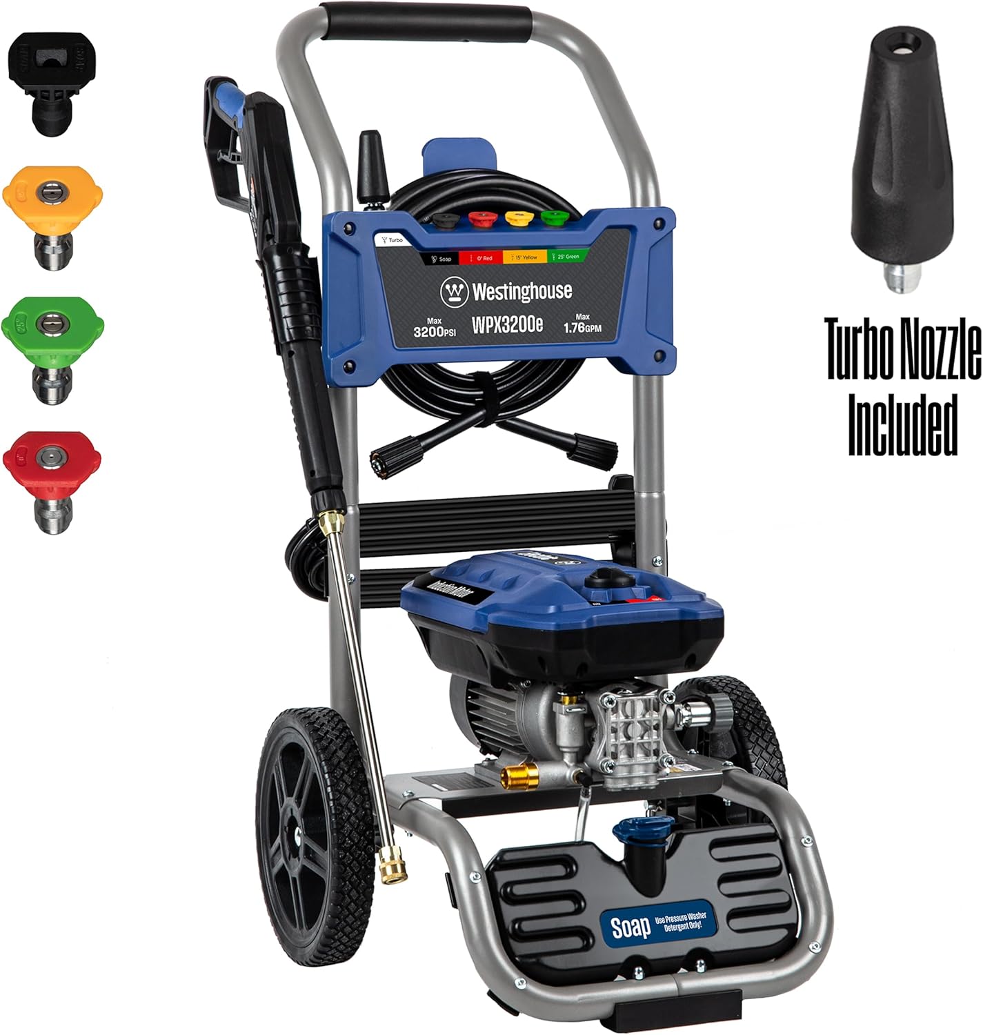 Westinghouse WPX3200e Electric Pressure Washer, 3200 PSI and 1.76 Max GPM, Induction Motor, Onboard Soap Tank, Spray Gun and Wand & Pressure Washer 6-in-1 Nozzle Attachment - 3600 Max PSI, 1/4”