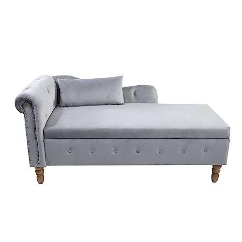 58" Modern Velvet Chaise Lounge Indoor,Upholstered Lounge Chair with Storage & Pillow, Rolled Arm Lounge Sofa for Living Room Bedroom Office (Gray)