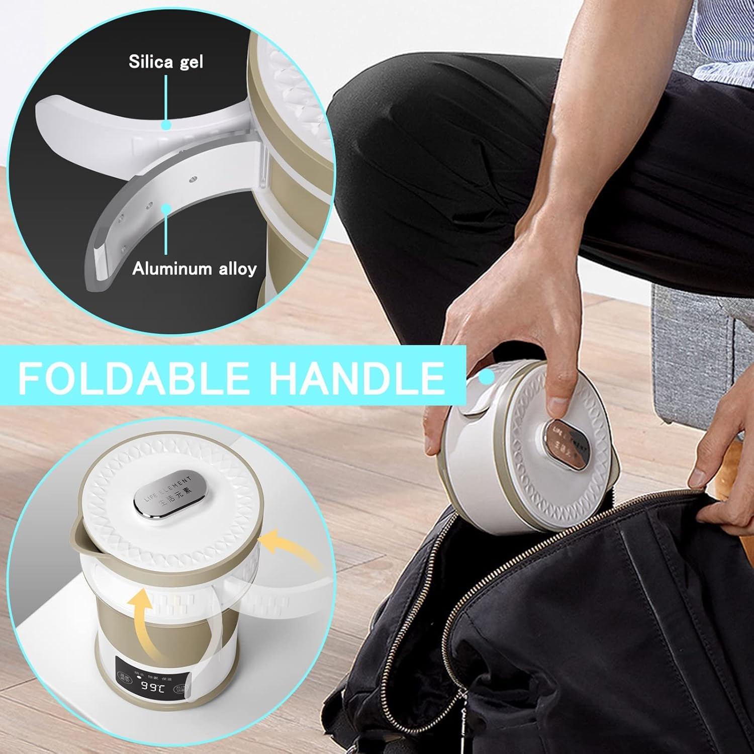 Portable Tea Kettle for Travel and Camping, Foldable Electric Kettle Small and Mini, Stainless Steel Collapsible Kettle with Temperature Control Concealed handle and Folding Cup, Dual Voltage