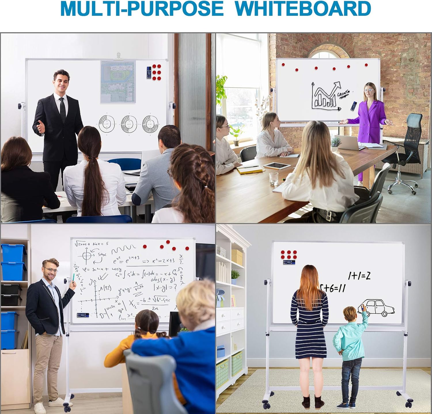 Mobile Whiteboard with Stand - 48x36 Height Adjustable Double Sided Dry Erase Board, 360° Rolling Large White Board on Wheels, Magnetic Whiteboard with Pen Tray for Meeting, Training by CALENBO