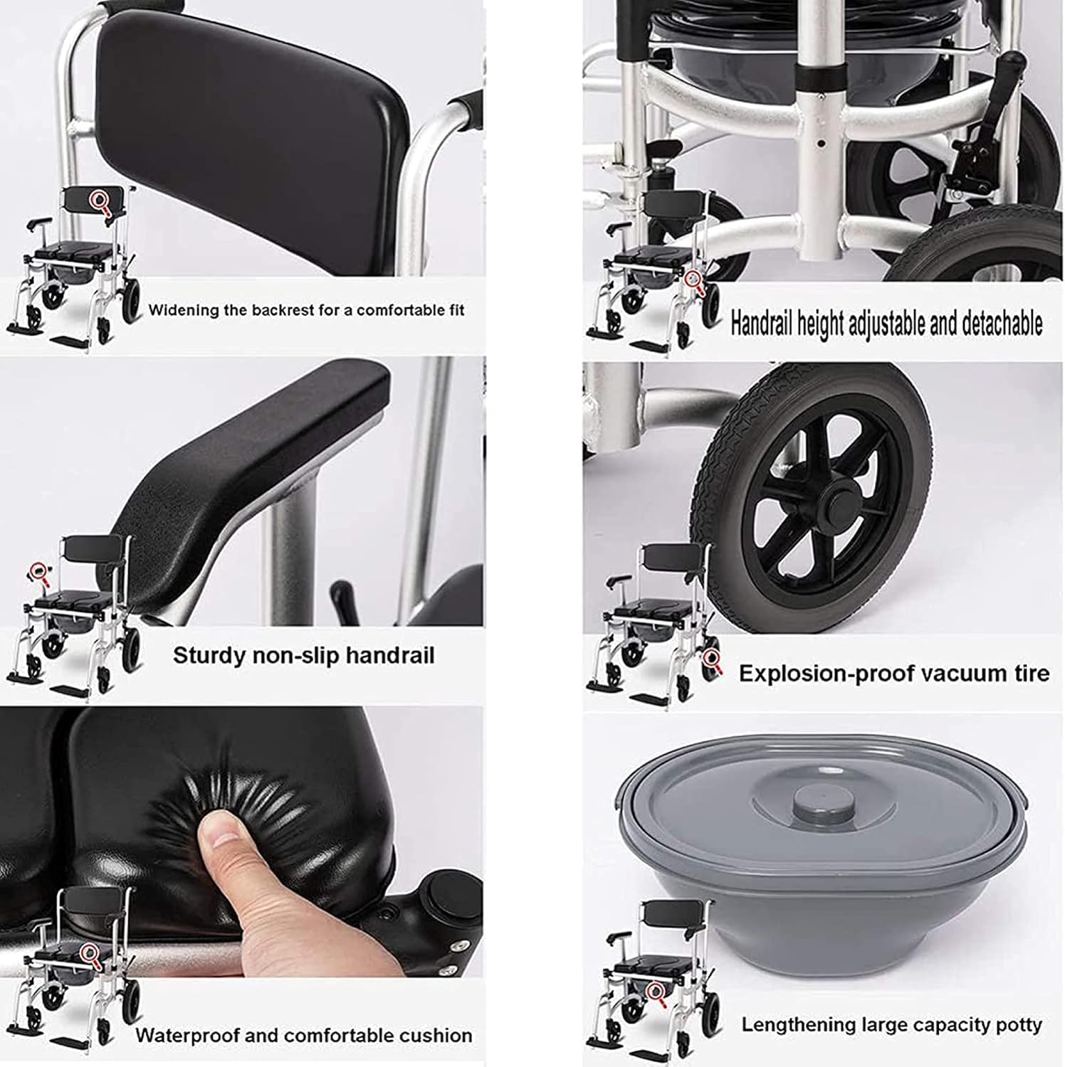 KOHARA Commode Shower Chair with Wheels, Bedside Commode/Wheelchair Padded Toilet Seat Shower Transport Chair with Arms Wheels Pedal Portable Aluminum Bath Chair for Elderly Disabled Pregnant