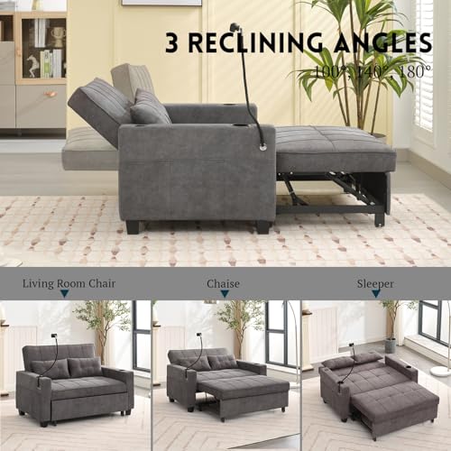 3 in 1 Convertible Sleeper Chair Bed,Pull Out Chair Sleeper with USB Ports and Cup Holders,Sleeper Sofa Bed Chair with Adjustable Backrest for Living Room (Blue, Sleeper Chair)