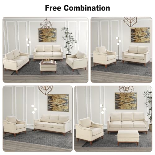 Classic 3-Seater Upholstered Sofa with Nailhead Trim, High-Density Foam Cushions & Sturdy Solid Wood Legs, Soft Fabric Couch for Living Room, Beige