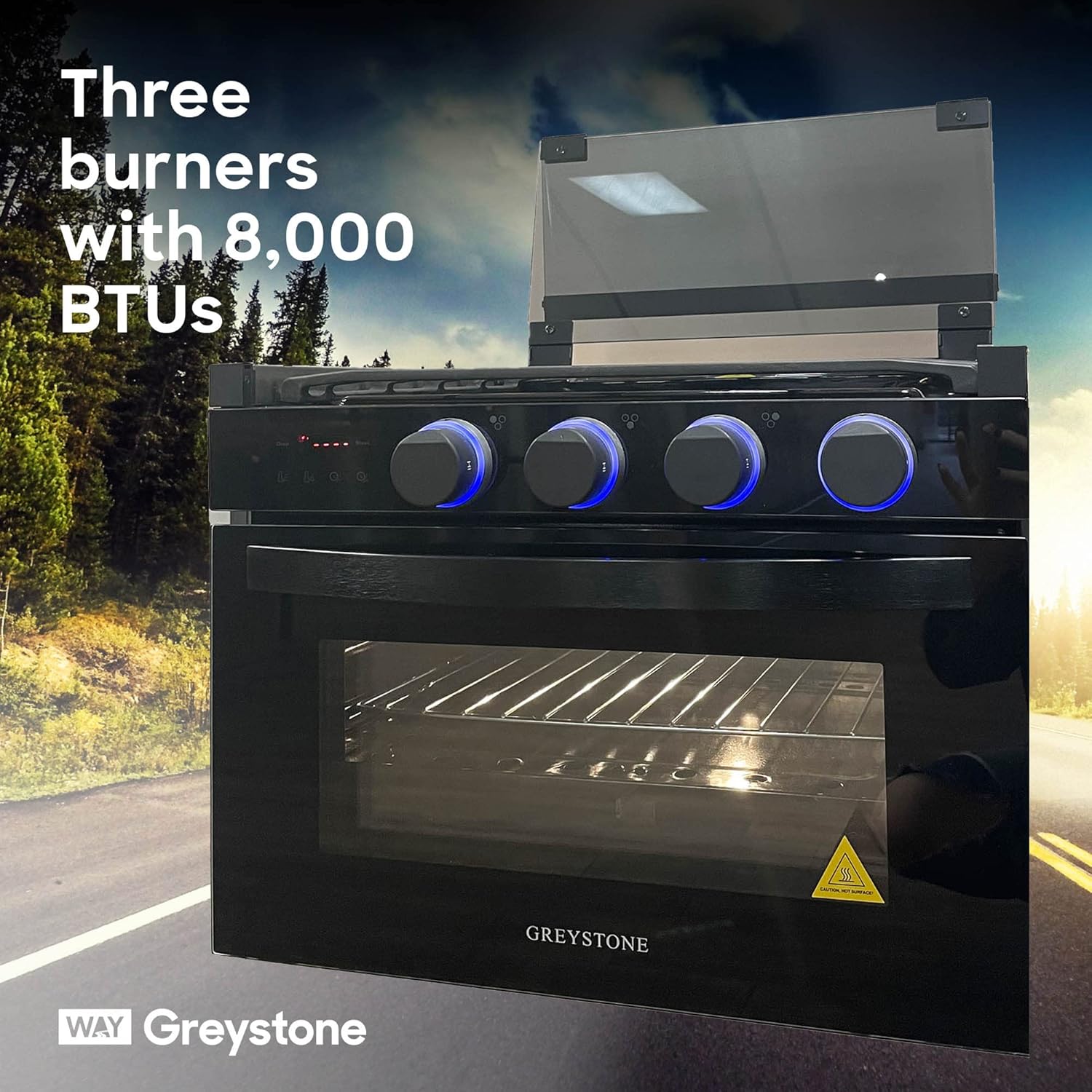 Way Interglobal Greystone, 17 Inch Digital RV Gas Range, Stove and Oven Combo, 12 Volt, LP, 3 Burners, Black