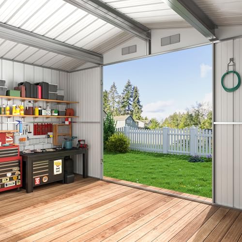 10x8 FT Outdoor Storage Shed, Metal Garden Tool Shed with Updated Frame Structure and Lockable Doors, Ideal for Backyard Garden Patio Lawn, Grey