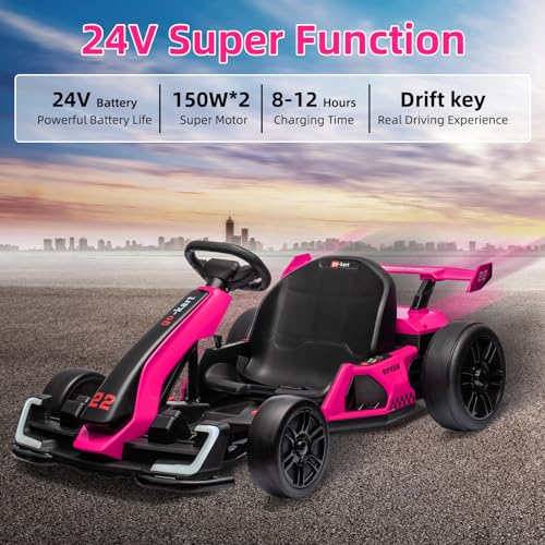 24V Electric Go Kart,300W Powerful Drift Kart for Kids, Electric Pedal Kart,with 300W Strong Motor, Drift/Sport Mode, Big Battery, Eva Tire,Length Adjustmen for Outdoor Racing Toy-White