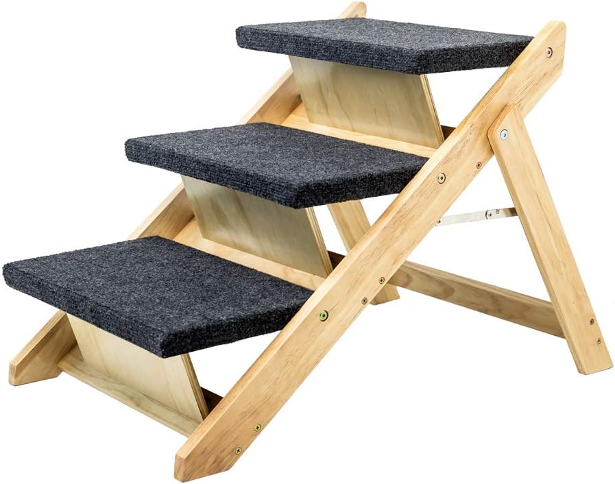 MEWANG Wood Pet Stairs/Pet Steps - Foldable 3 Levels Dog Stairs & Ramp Perfect for Beds and Cars - Portable Dog/Cat Ladder Up to 110 Pounds