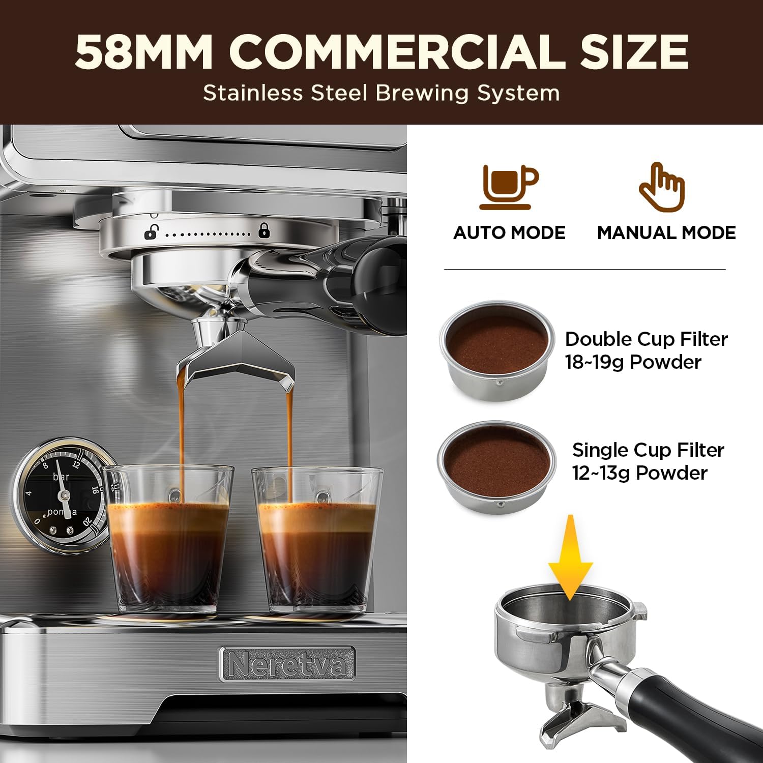 Neretva Espresso Machine, 15 Bar LCD Display Espresso Maker Manual&Auto Mode Stainless Steel Espresso Coffee Machines with 60oz Water Tank&Milk Frother for Home Barista, Latte and Cappuccino Machine