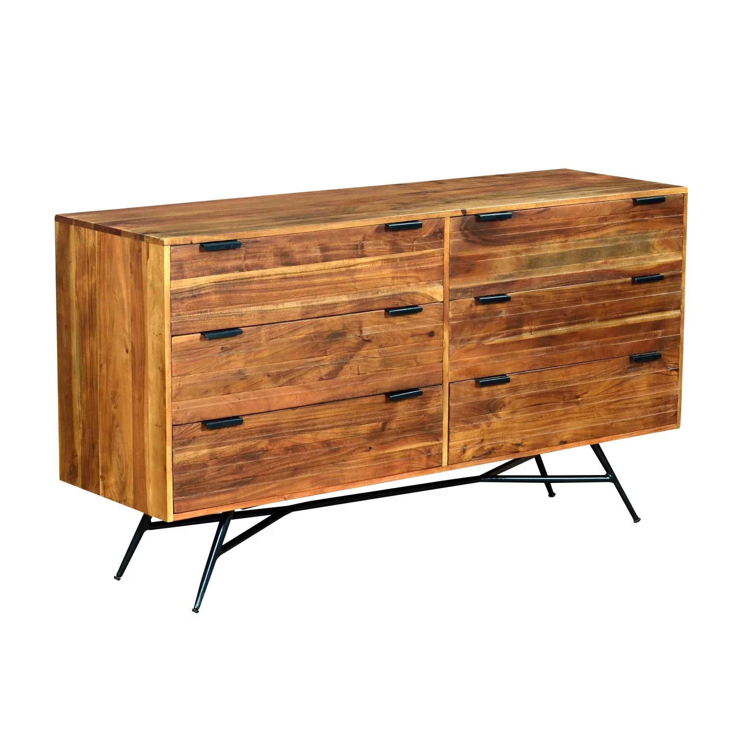 The Urban Port 58 Inch Acacia Wood Sideboard with 6 Drawers and Iron Base, Brown