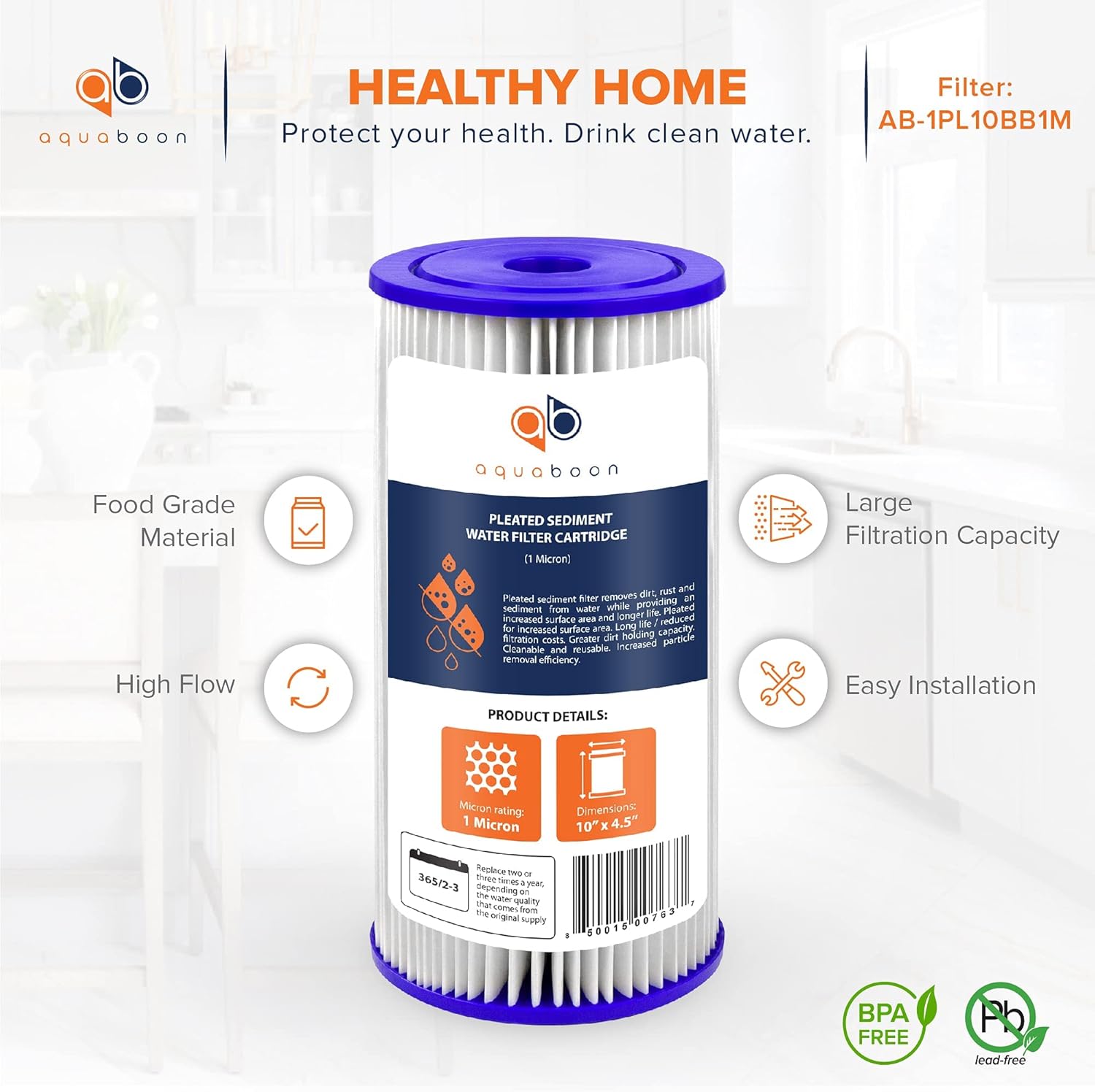 Aquaboon 1 Micron 10 Pleated Sediment Water Filter Replacement Cartridge | Whole House Sediment Filtration | Compatible with FM-10-1, ECP1, FM-10-1A, HDC3001, WPC1FF975, 4-Pack