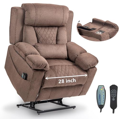 Light Grey Recliner Chair for Elderly | Tall and Big Man 400lbs | Chenille | Power Lift, Lay Flat, Stand Up, Wireless Charging Device, Extended Footrest, Massage Heat, Cup Holder, Lumbar Pillow