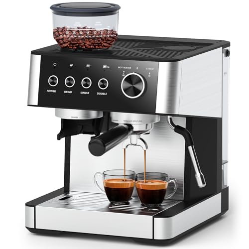 Espresso Machine with Grinder, 20 Bar Expresso Coffee Machines with Milk Frother Steam Wand, Professional Espresso Maker with Removable Water Tank, Cappuccino & Latte Machine for Home