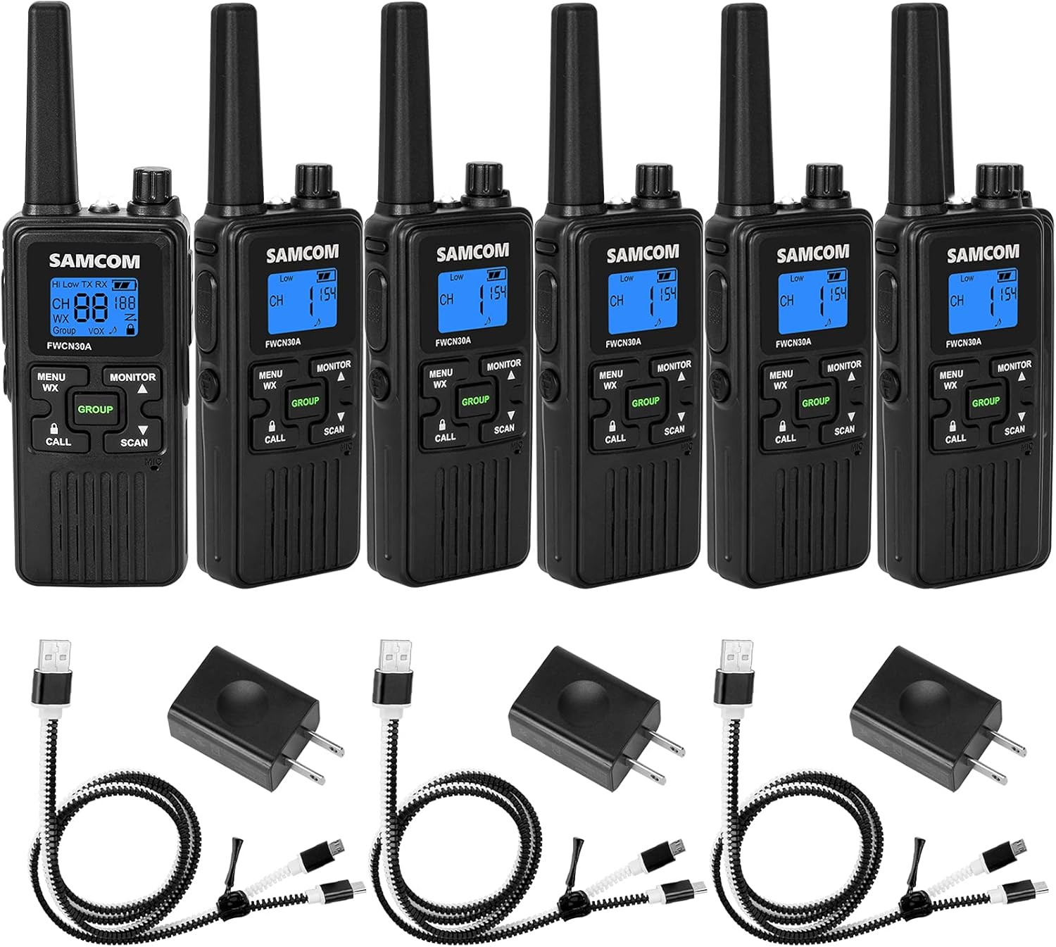 Walkie Talkies Long Range, SAMCOM FWCN30A FRS 2-Way Radios Rechargeable for Adults, Walky Talky with 1250mAh Battery/NOAA Weather Scan for Family Outdoor Activities (6 Pcs Black)