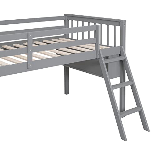 Wooden Full Size Low Loft Bed with Rolling Portable Desk and Chair,4 Cabinets，Blackboard and Slides,for Kids Boys Girls Teens Bedroom Use (White@z, Full)