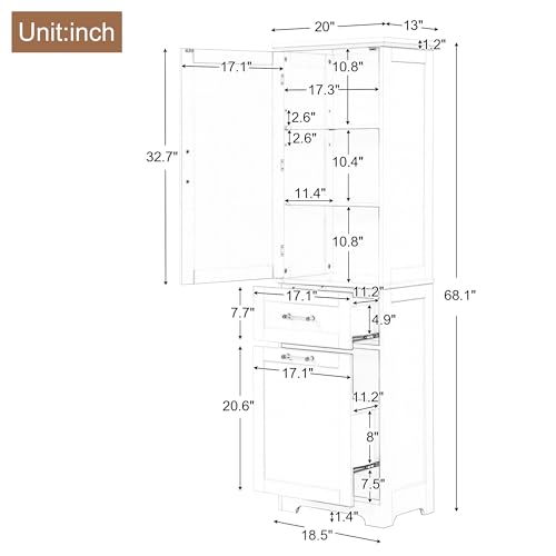 Tall Bathroom Storage Cabinet, Narrow Storage Cabinet, Freestanding Linen Cabinet with Two Different Size Drawers and Adjustable Shelf, Tall Cabinet Storage for Bathroom，Living Room (White)