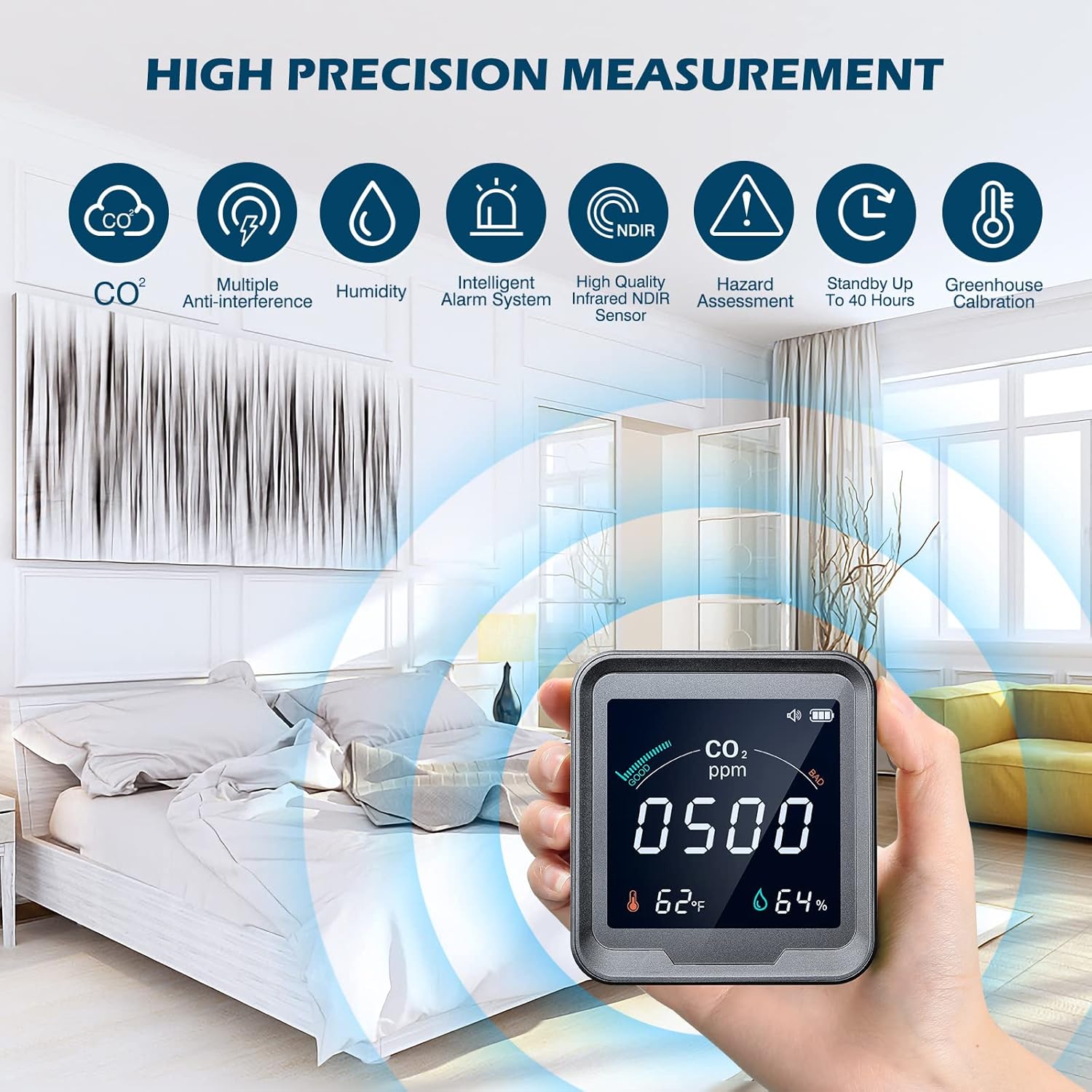 CO2 Detector, Aiment 3 in 1 Carbon Dioxide Detector Air Quality Monitor Temperature Humidity Air Analyzer for CO2 Digital CO2 Meter for Indoor Home Office