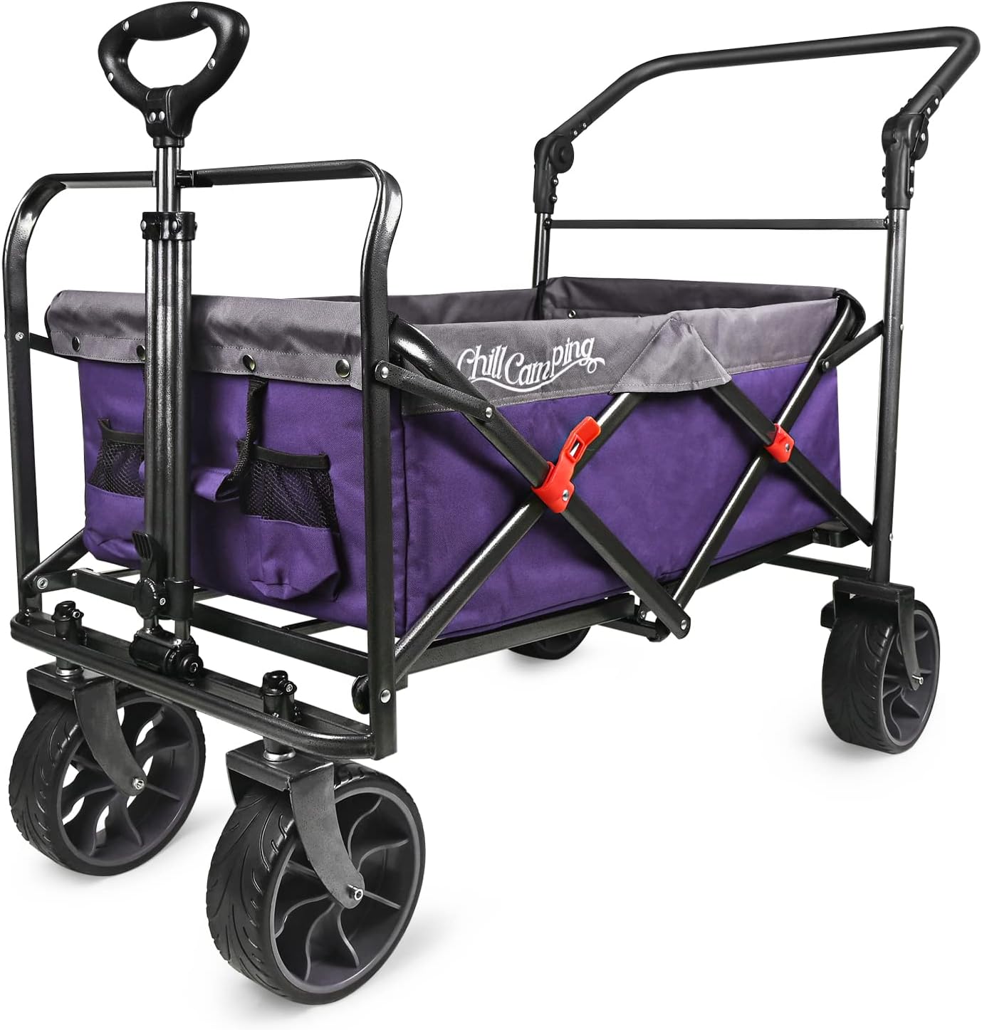 Collapsible Folding Wagon with Adjustable Push Pull Handles , Beach Wagon with Big Rubber Wheels for Sand, Utility Wagon Cart for Groceries, Purple/Gray