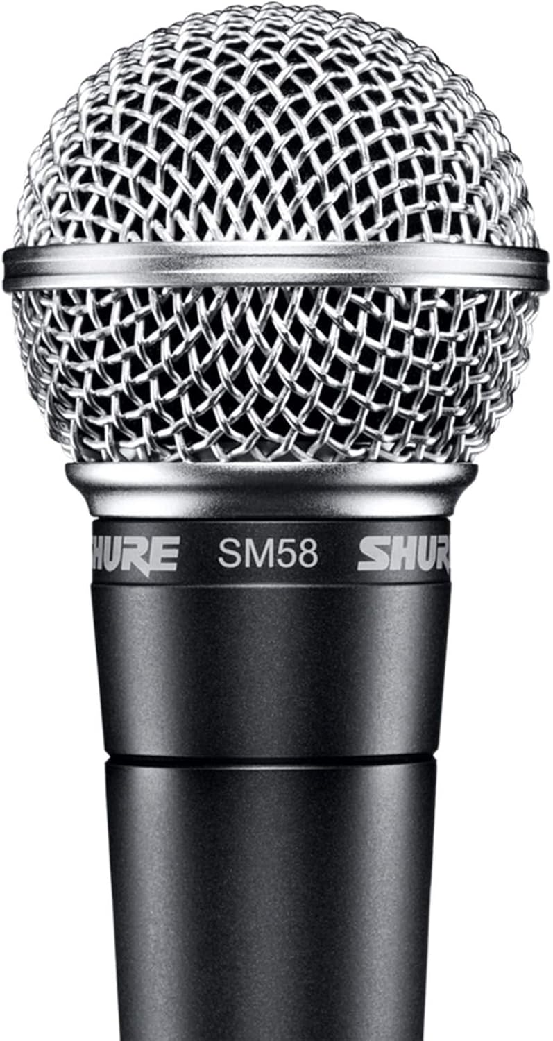 Shure SM58 Cardioid Dynamic Vocal Microphone with On/Off Switch, Pneumatic Shock Mount, Spherical Mesh Grille with Built-in Pop Filter, A25D Mic Clip, Storage Bag, 3-pin XLR Connector (SM58S)