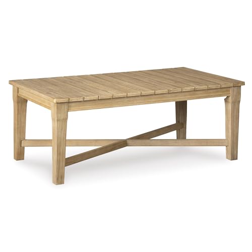 Signature Design by Ashley Carter Hall Outdoor Eucalyptus Patio Sofa with Cushion, Beige