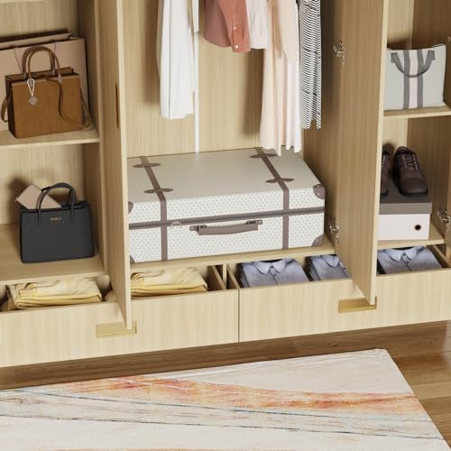 Homsee 82.7" H Modern Armoire Wardrobe Closet with 8 Doors and 2 Drawers, Clothing Storage Cabinet with 3-Tier Shelves and Hanging Rod for Bedroom, Light Brown Wood Grain