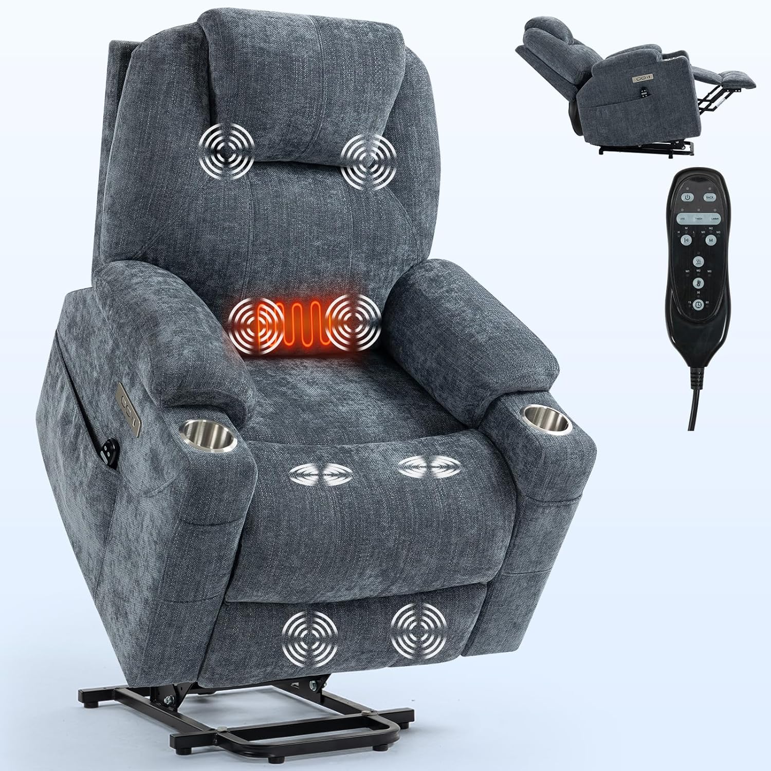 Chenille Power Lift Recliner Chair,Heavy Duty Motion Mechanism with 8-Point Vibration/3 Modes Massage/Lumbar Heating/USB/Type-C Ports/Stainless Steel Cup Holders,for Elderly,Blue, 35.43" D