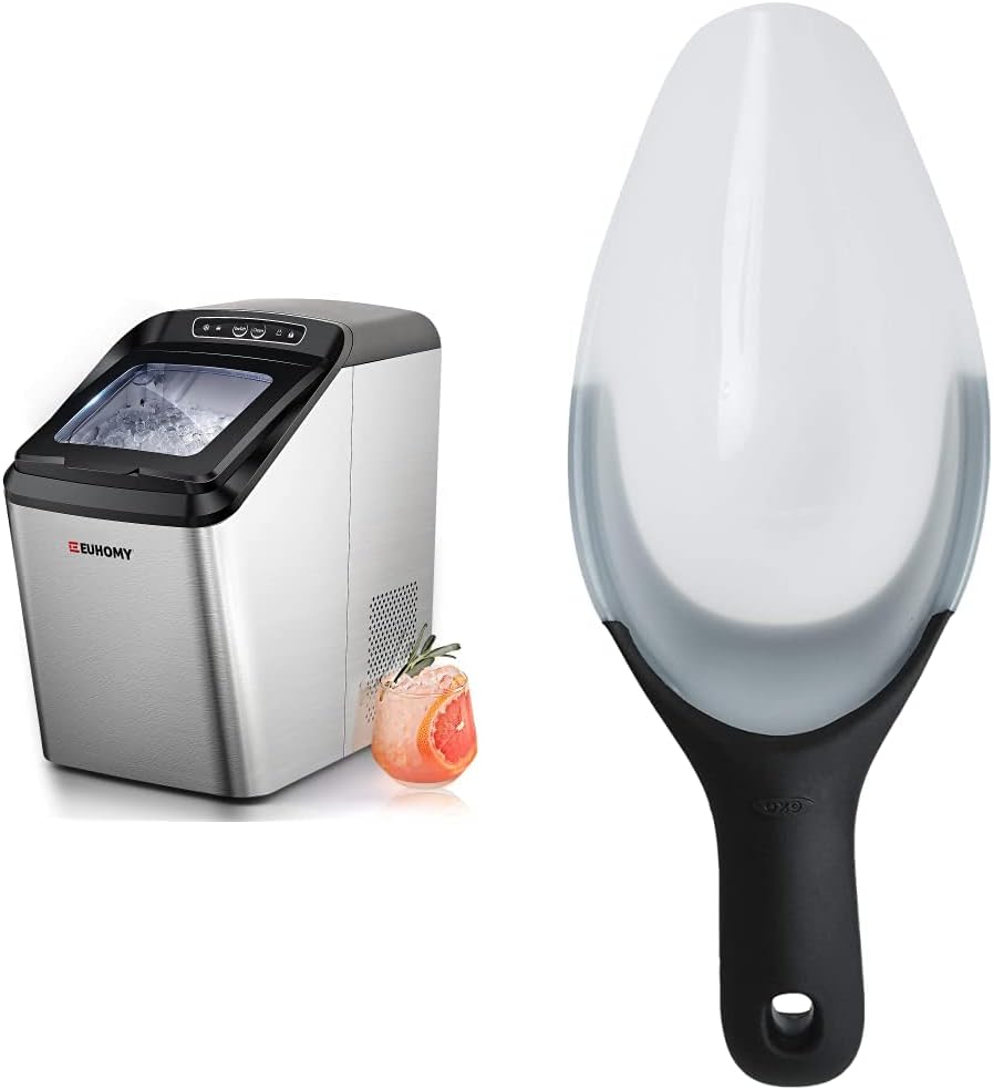 Euhomy Nugget Ice Maker Countertop, Ice Maker 26-30lbs/Day, Self-Cleaning & Auto Water Refill Pellet ice Maker, Sonic Ice Maker for Home/Kitchen/Office(Sliver) & OXO Good Grips Flexible Scoop