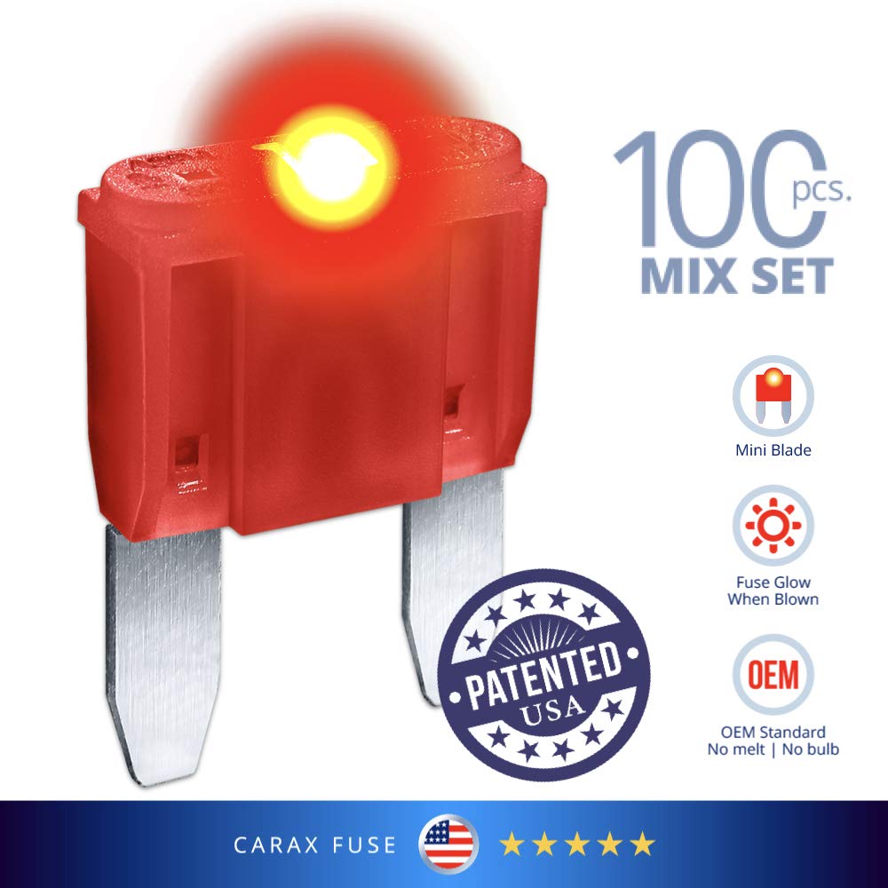 CARAX Glow Fuse – Premium Fuse Mini Blade – 100 pcs. Assortment Kit – Glow When Blown LED Automotive Fuse – Smart Auto Glow Fuse Easy Identification – Mix 100 pcs.