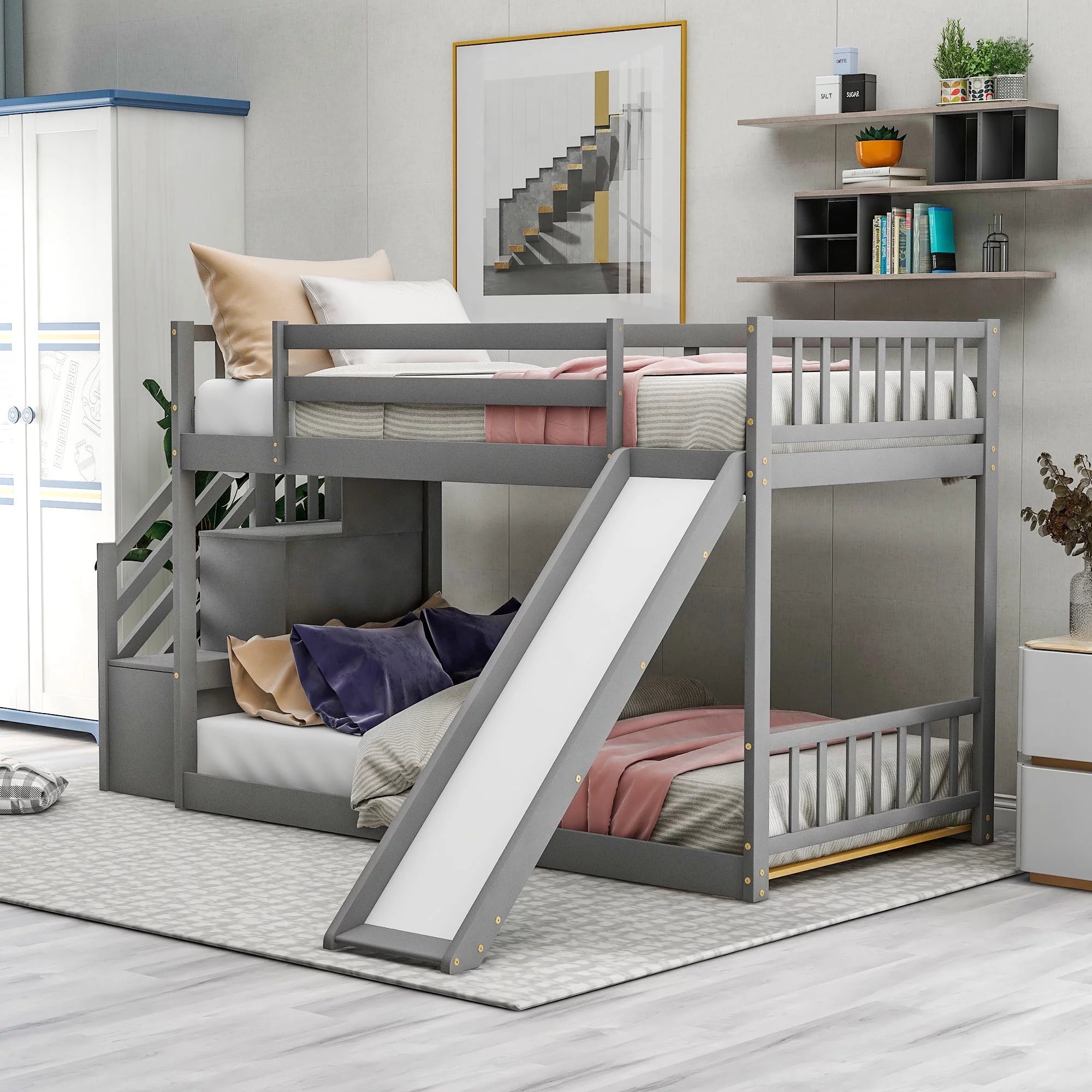THINK 30,Solid Wood Twin Over Twin Bunk Bed with Convertible Slide and Stairway, Low Bunk Bed with Storage Space Multifunctional Design, Gray