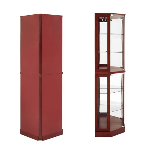 Goujxcy 72" Tall Corner Display Cabinet Lighted Curio Cabinet, 6-Tier Wood Curio Showcase Collection Art Display Case, Bar and Liquor Storage Area with Glass Doors and Adjustable Shelves (Cherry)
