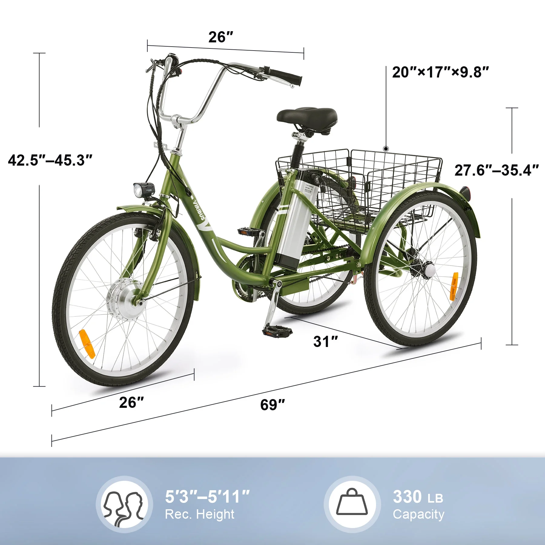 26 Electric Tricycle for Adults 3 Wheel Electric Bike 250W Electric Trike Black