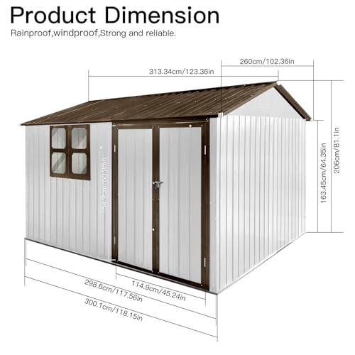 10' x 8' Large Outdoor Storage Shed, Sturdy Metal Building w/Windows & Lockable Doors for Garden, Backyard, Poolside and Lawn, Grey