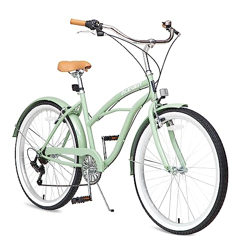 ACEGER 24 26 Inch Women Beach Cruiser Bike, Single Speed and 7 Speed, Adult Hybrid Bike Commuter Bicycle, Hi-Ten Steel Frame with Adjustable Handlebar and Saddle, Multiple Colors