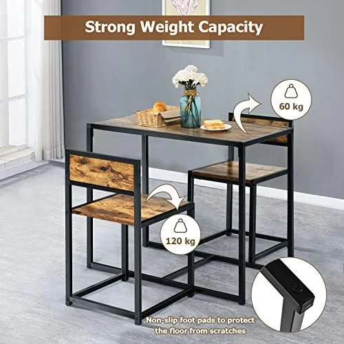 xrboomlife 3 Piece Dining Set  Industrial Dining Table with 2 Chairs  Small Kitchen Table Set with Metal Frame  Compact Bistro Table Set  Pub Breakfast Table for Small Space  Apartment (A